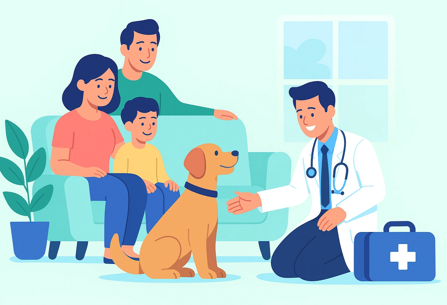 Ilustración de visita veterinaria en casa